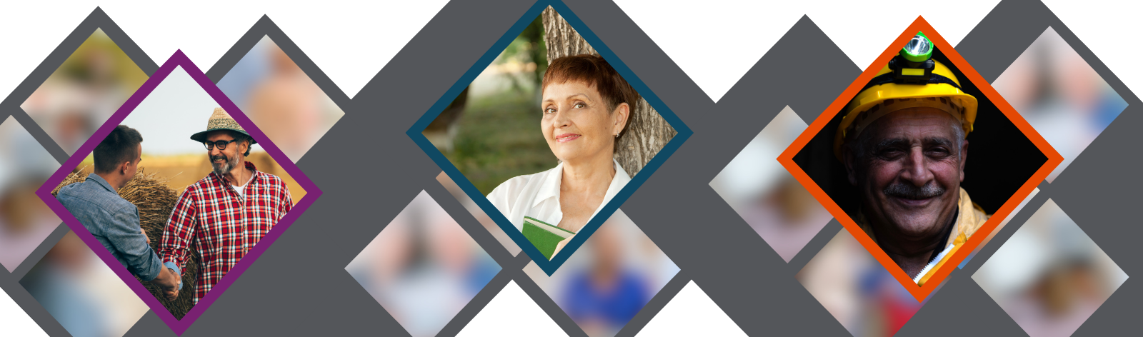Photo d'un homme d'âge mur portant une chemise à carreaux et un chapeau de fermier serrant la main d'un jeune homme. Photo d'une femme d'âge mur, cheveux court, souriante avec un air rêveur, adossée à un arbre. Photo d'un homme d'âge mur, souriant, avec un chapeau de chantier jaune sur la tête.